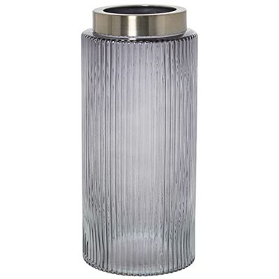JARRÓN CRISTAL GRIS BORDE METAL DORADO °12X26CM, BOCA METAL:°9CM