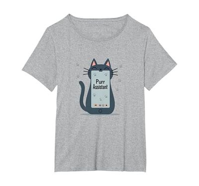 Asistente de ronroneo: Lindo diseño de teléfono Inteligente de Gato para Amantes de Las Camiseta, Mujer Tallas Grandes, Gris Jaspeado, 5XL Grande