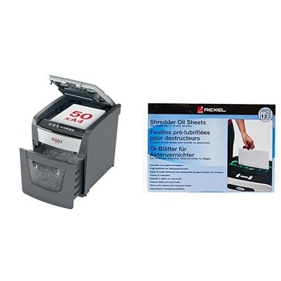 Rexel 2020050X Auto+ 50X – Destructeur de Documents Automatique Coupe Croisée Sécurité P4, Capacité 50 Feuilles, Corbeille 20 litres Amovible & Rexel 12 Feuilles prélubrifiées
