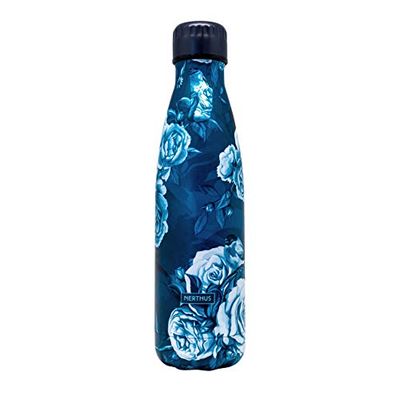 NERTHUS FIH 776 Double Wall Thermal Bottle Large Flowers Design Blue 500 ml, Stainless Steel, BPA Free, 18/8