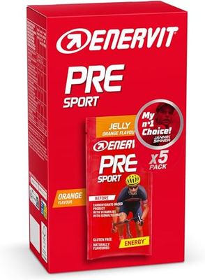 Enervit Pre Sport Naranja, Gelatina Energética, Para Utilizar Antes de la Actividad Física, Fórmula Innovadora con 25g de Carbohidratos, Vitamina B1, Sabor Naranja, Sin Gluten, Vegano, 5 Pack de 45g