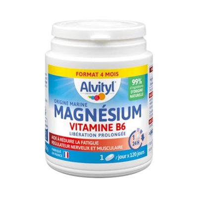 Alvityl Magnésium 300mg + Vitamine B6 - Libération Prolongée - Diffusion lente et progressive - Magnésium d'origine Marine - Stress, Fatigue, Irritabilité - Fabriqué en France - Comprimés 120 Jours