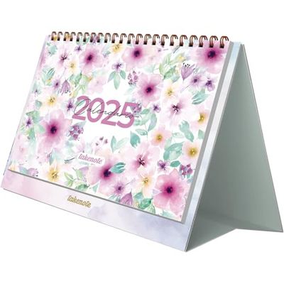 Kalender 2025 Bordskalender - Månadsöversikt Januari till December, Spanska och Engelska, Storlek 21,5 x 15,5 cm, Med Månatliga och Årliga Planer, Dubbelsidig Ringbindning - Takenote Valentina