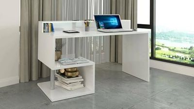 Dmora Silvestro Linear Desk with Storage Shelves, Multipurpose Office Desk with Stand, 140 x 60 x 93 cm, White
