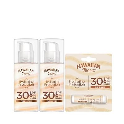 Hawaiian Tropic Tripack Protección Solar Facial: 2 Lociones Hydrating Protection SPF 30 (50 ml) + 1 Bálsamo Labial SPF 30