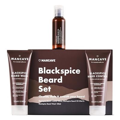 ManCave Blackspice Beard Gift Set with 3 Beard Grooming Essentials, For a thicker, more healthier beard, Vegan Friendly, Tubes made using Recycled Plastics, Made in England