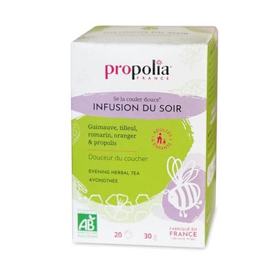 PROPOLIA - Bio - Infusion du Soir - Relaxation et sommeil - Propolis, Tilleul, Guimauve, Romarin et Oranger - Complément alimentaire - Fabriquée en France - 20 Sachets