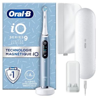 Oral-B iO 9 Brosse À Dents Électrique Bleue, Avec Un Capteur De Pression Pour Protéger Les Gencives Sensibles, Avec Des Accessoires, 1 Brossette Douce, 1 Chargeur, 1 Étui De Voyage, Édition Spéciale