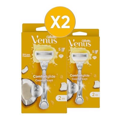 Gillette Venus Comfortglide RASOIO DONNA Cocco Plus Olaz, 2 LAMETTE RICAMBIO (da 5 Lame) e 1 Manico, per una Rasatura Liscia e Profonda, Skin Cushion con Idratante Olaz, idea regalo (Confezione da 2)