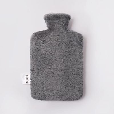 OHS Hot Water Bottle with Teddy Fleece Fluffy Cosy Cover Comfortable Durable Heat Retention Warm Soft – Charcoal / One Size