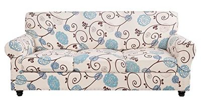 SearchI Stretch Sofa Cover Printed Couch Cover, Floral Pattern 4 Pieces Sofa Slipcover with 3 Separate Cushion Cover, Washable Furniture Protector for Living Room(Sofa, Ball Flower)