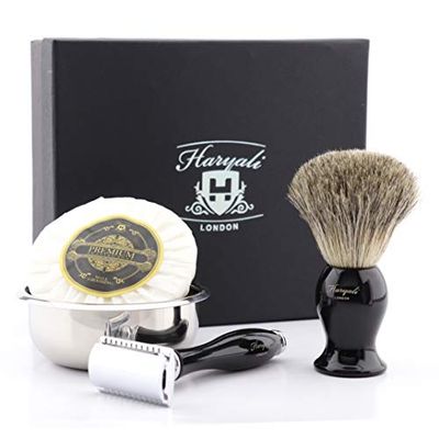 De Rasoio di Sicurezza Set Regalo With 4 Diversi Oggetto in Nero (Nero Pennello da Barba in Tasso, De Rasoio di Sicurezza (Lame Non Incluse),
