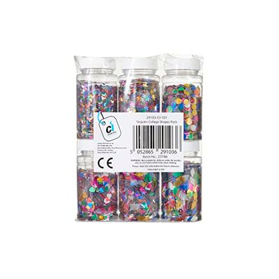 Creativity Inspired Sequin Shapes Pack, 6 x 100ml Shakers, Assorted Colours & Shapes, Crafting, Scrapbooking, Ideal for Hobbyists and Professional Crafters, Adults & Kids