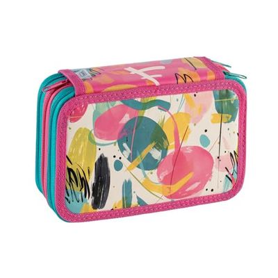 Favorit Pennenetui met 3 vakken voor school, met schrijfwaren, 20 x 13 x 7,5 cm, roze