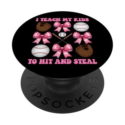 Baseball Mom Coquette Bow I Enseño a mis hijos a golpear y robar PopSockets PopGrip Adhesivo