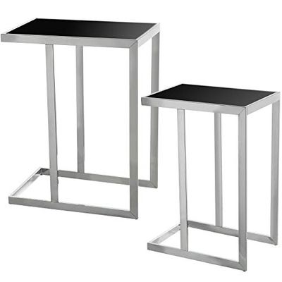 DRW Set di 2 tavoli in Metallo e Legno DM Inox, Acciaio Inossidabile e Nero, 49,5x31,5x64cm y 41x28,5x58,5cm