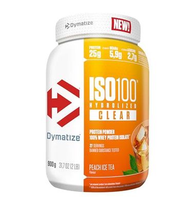 Dymatize ISO 100 Hydrolyzed Clear Peach Ice Tea 900g Hidrolizado de proteína de suero transparente + aislado en polvo