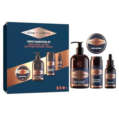 King C. Gillette Kit Rituale Barba Perfetta, Con Detergente Barba E Viso 350ml+ Balsamo Barba 100ml, Idratante Barba E Viso 100ml + Olio Da Barba30 ml
