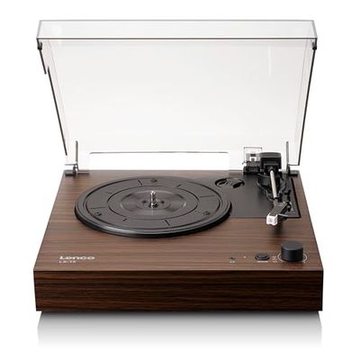 Lenco LS-15WD Platine vinyle - Réception et transmission Bluetooth- 2 haut-parleurs intégrés - Micro AT3600L - Entraînement par courroie - Arrêt automatique - 33-45 tr-min - AUX et RCA - Marron