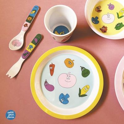 Petit Jour - 5-Piece Gift Set for Children 6 Months+ - Melamine - BPA Free - Plate 18 cm, Cup 160 ml, Bowl 250 ml, Set of 2 Cutlery 14 cm - Dishwasher Safe - Barbapapa