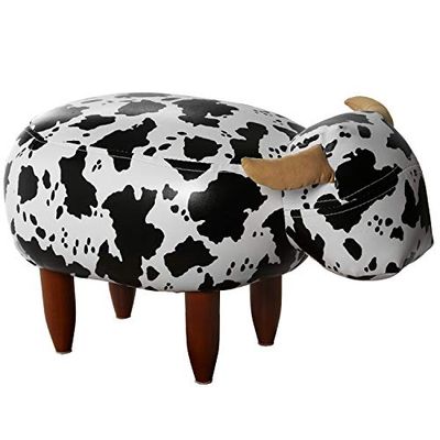 DRW Puf Infantil Vaca de Tela y Polipiel con Patas de Madera Pino 50x32x32cm
