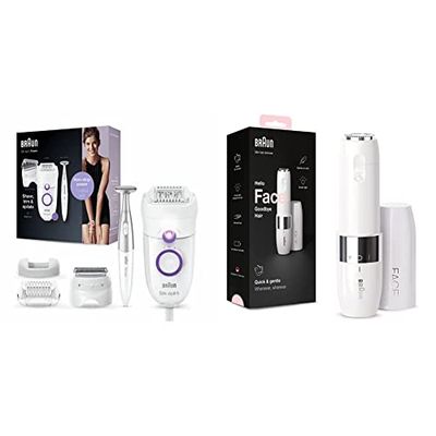 Braun Silk-épil 5 Power Epilator, Hair Removal with Electric Shaver Head & Bikini Trimmer, White/Purple & Face Mini Hair Remover, Facial Hair Remover for Women Mini-Sized Design For Portability, White