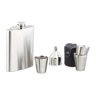 Relaxdays, 7 peças, conjunto de prata de 200 ml, funil, 4 copos e capa, aço inoxidável e couro