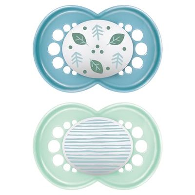 MAM Chupeta, a partir de 6 meses, com étina simétrica, plana e flexível de silicone Skin Soft Silicone de fácil aceitação, com caixa autoesterilizadora, original, azul brilhante, pack de 2 unidades