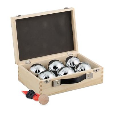 Relaxdays zestaw bocce, 6 metalowych kulek Ø: 7,2 cm z guzikiem, miarką i walizką, akcesoria petanque, naturalne/srebrne