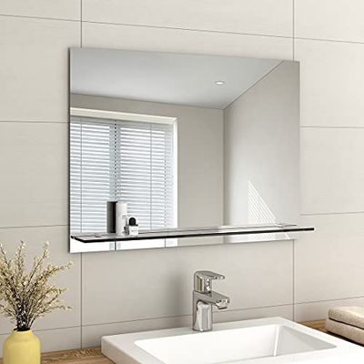 EMKE Miroir sans Cadre avec étagère – Petit Miroir de Rasage Mural de Salle de Bain avec Rangement, Miroir de courtoisie rectangulaire 80 x 60 cm