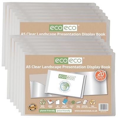 eco-eco A5 50% Recycled 20 Pocket Clear Landscape Presentation Display Book, Storage Case Portfolio Art Folder with Plastic Sleeves, Pack of 12, eco174x12
