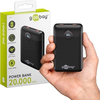 goobay – Batería Externa con 20000 mAh, Powerbank compacta con 3 Puertos (2X USB-A y 1x USB-C), Cargador portátil pequeño móvil para Cargar Apple iPhone, Samsung Galaxy, Xiaomi etc., Negro, 65869