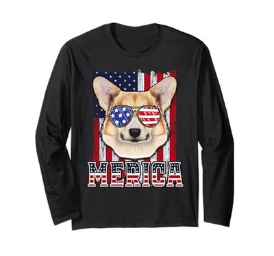 Corgi Merica 4th of July Dog Funny Patriotic American Flag Maglia a Manica