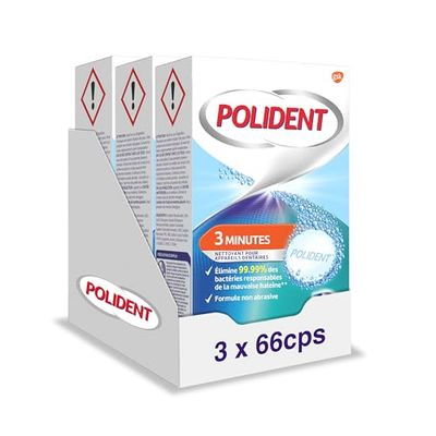 Polident Nettoyant Antibactérien 3 Minutes, Nettoyant pour Appareils Dentaires, Lot de 3x 66 Comprimés