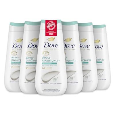 Dove Bagnoschiuma Dermo-Ipoallergenico, Bagnodoccia Idratante, Formula Delicata sul Microbioma della Pelle, Agenti Idratanti Vegetali, Senza Solfati SLES, Bagnodoccia Uomo e Donna, 6 Pezzi da 225ml