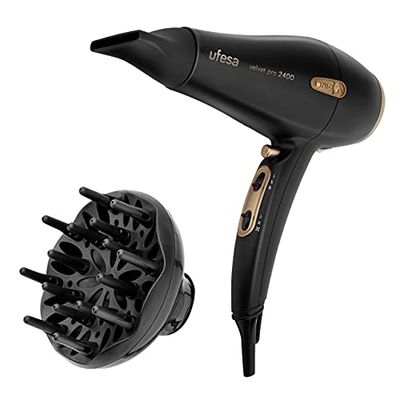 Ufesa Velvet Pro 2400 Asciugacapelli Professionale con tecnologia ionica, Diffusore e concentratore, Nero/Rame, 2400W