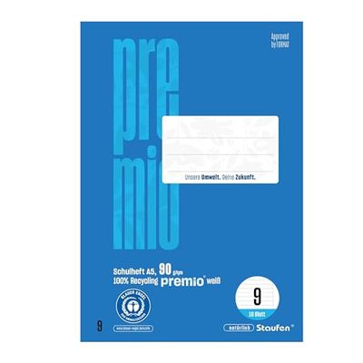 Staufen Green exercise book, DIN A5, ruling style 9 (10 mm lined with margins), 10 booklets per 16 sheets, 90 g/m² recycled paper, round corners prevent donkey ears