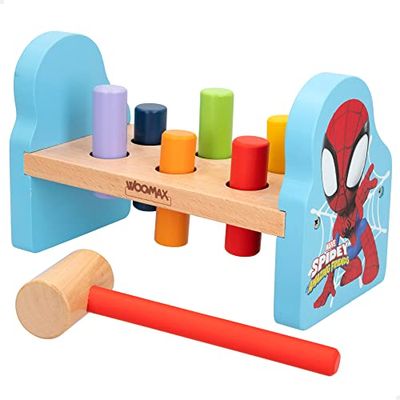 WOOMAX 48756 - Spidey y su superequipo, Juego martillo para bebés y niños de madera, Regalos para bebes, juguetes de madera, Mini martillo de madera, juego de topos