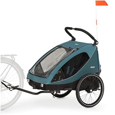 hauck Remorque Velo 2 Enfants Dryk Duo, inclus Barre d'Attelage, Roue Avant et Fanion, Pliable, Espace Rangement XL, Facile à Fixer, Utilisation en Poussette Double - Petrol