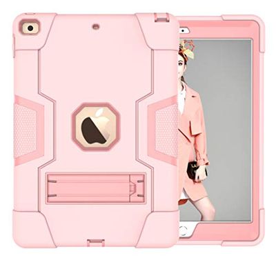 iPad 12.9 (2018/2020/2021) Generation Case with Kickstand, Durable Heavy Shock Back Hybrid Harthybrid Three Layer Protective Cover iPad Tablet Silicone Case (Rose Gold)