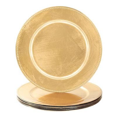 MAONAME Round Gold Beaded Charger Plates, Plastic Chargers for Dinner Plate, 13-inch Foil Plate Charger for Wedding, Table Place Settings, Set of 6