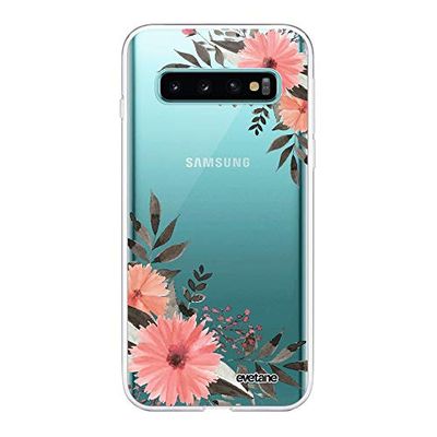 Evetane - Cover in silicone compatibile con Samsung Galaxy S10 - Protezione integrale 360, sottile e trasparente - Cover anteriore e posteriore - alta resistenza - Fiori rosa