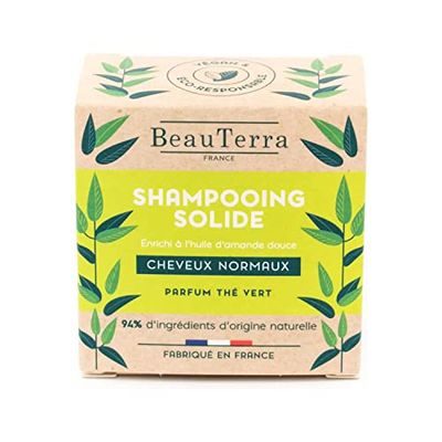 BeauTerra - Shampooing Solide pour Cheveux Normaux, 75 gr - Formule Enrichi à l'Huile d'Amande Douce - Fabriqué en France - Eco-conçu et Zero Déchet