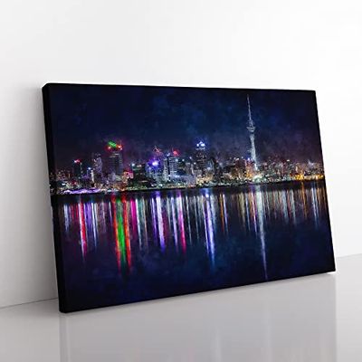 Reflections Of The Auckland Skyline Painting Modern Art Canvas Wall Art Print Ready to Hang, Framed Picture for Living Room Bedroom Home Office Décor, 60x40 cm (24x16 Inch)