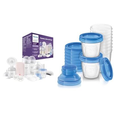 Philips Avent elektrische borstkolf - Enkele borstkolf (model SCD340/31) & Philips Avent Bewaarbekers voor moedermelk - Lekvrije deksel - Adapters meegeleverd - 10 stuks van 180 ml - SCF618/10