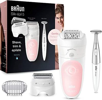 Braun Silk-épil 5 Epilator For Hair Removal, 3 In 1, Includes Shaver & Trimmer Head, Cordless, Gentle Hair Removal Setting, Wet & Dry, 100% Waterproof, 2 Pin Bathroom Plug, 5-820, White/Pink