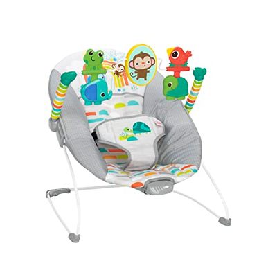 Bright Starts, Hamaca para bebés Playful Paradise Comfy con vibración calmante y 3 juguetes giratorios, arco de juguetes removible, arnés de 3 puntos, unisex, 0-6 meses hasta 9 kg