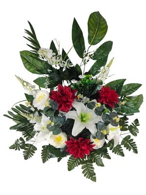 DRW Centre de fleurs artificielles cimetière, église, mariages, tombes, fleurs sauvages blanches et rouges avec lyums, 70 x 60 x 30 cm