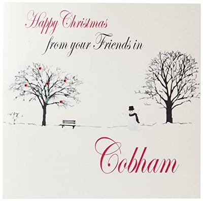 witte katoenen kaarten Gelukkig Vrienden, Handgemaakte Kaart, CobhamTown (Town Cobham, Kerst Scene)