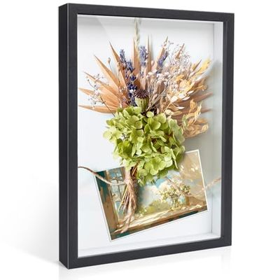 Romon 3D Deep Frame, 31.5 x 23 cm, 3D Deep Shadow Box Thick Frame for Photos Objects up to 3 cm, Frame with Transparent Acrylic Sheet, Refillable Container Frame for Souvenirs Flower, Black